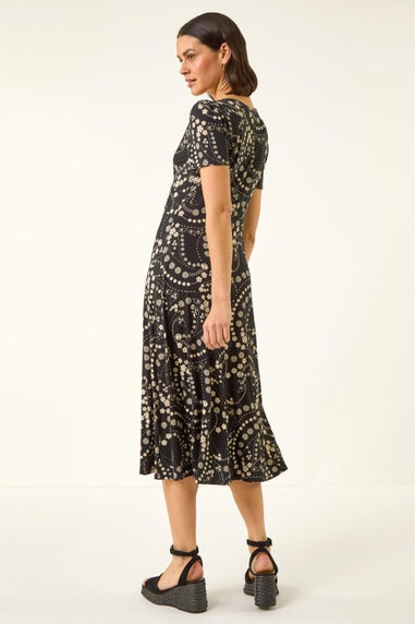Roman Black Floral Print Twist Front Stretch Dress