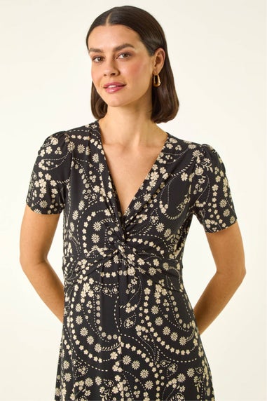 Roman Black Floral Print Twist Front Stretch Dress
