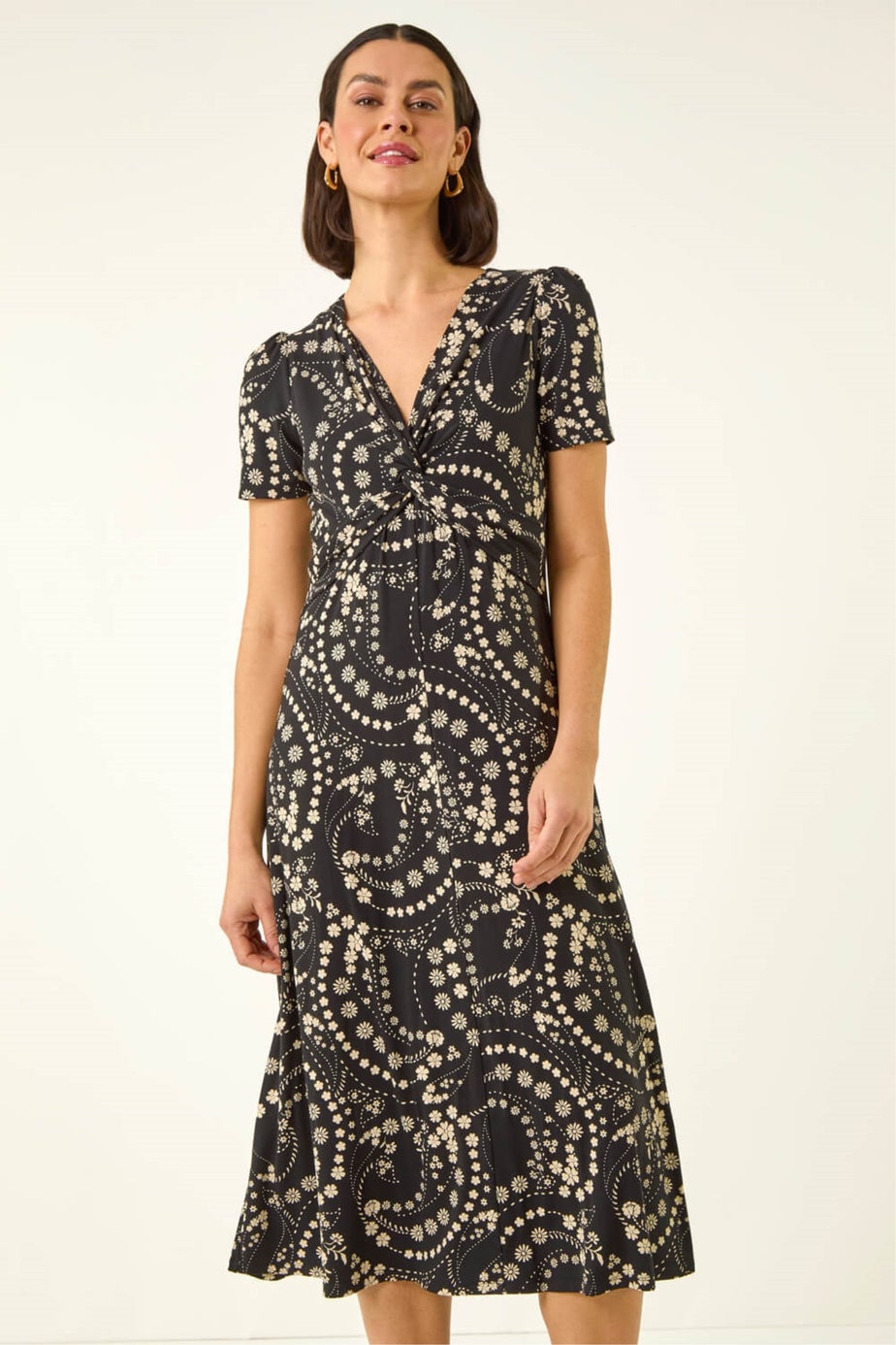 Roman Black Floral Print Twist Front Stretch Dress