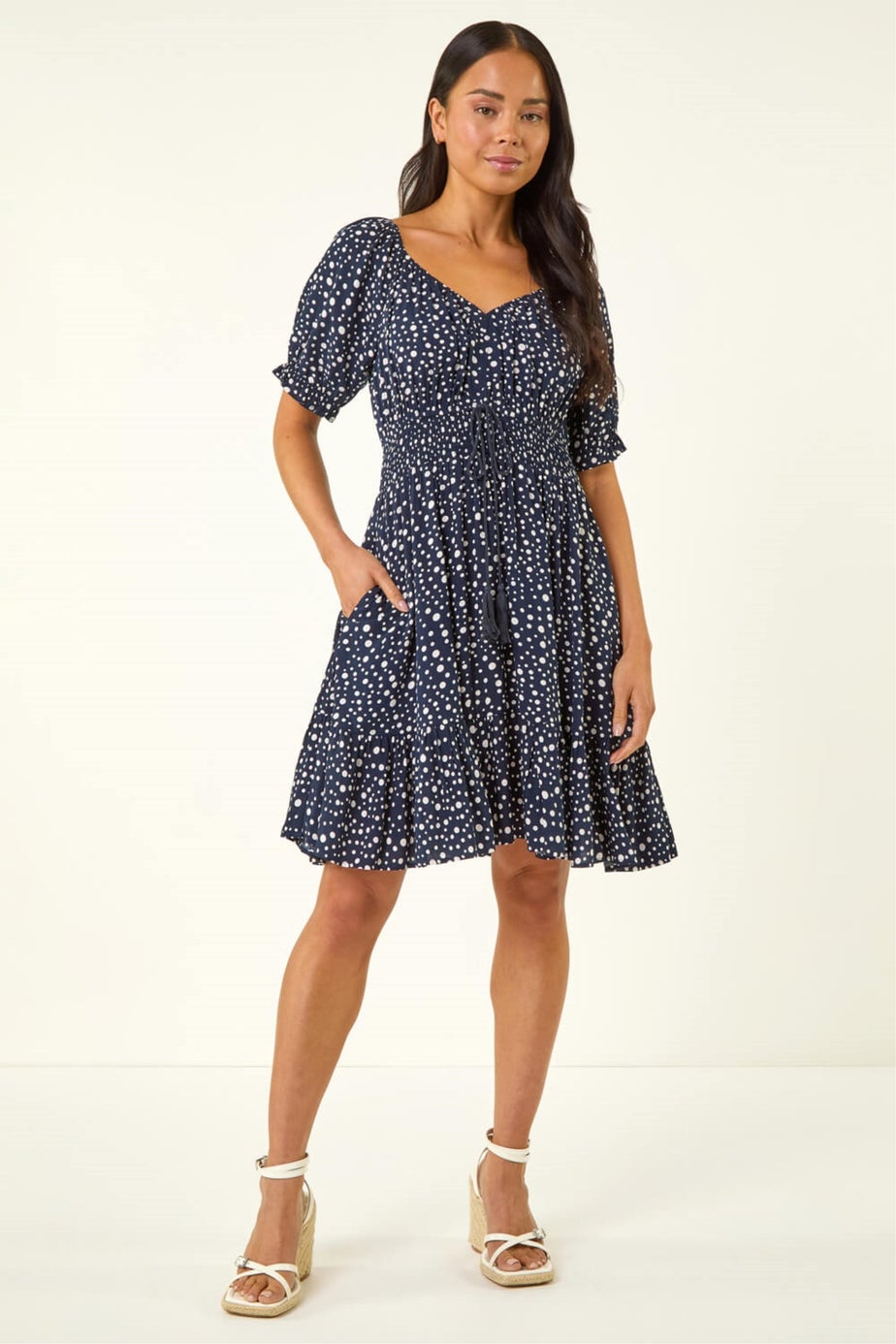 Roman Navy Petite Ditsy Spot Frill Dress