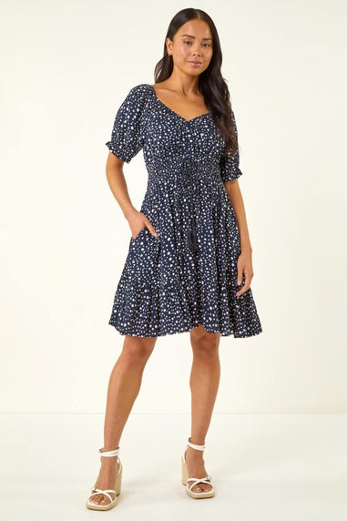 Roman Navy Petite Ditsy Spot Frill Dress