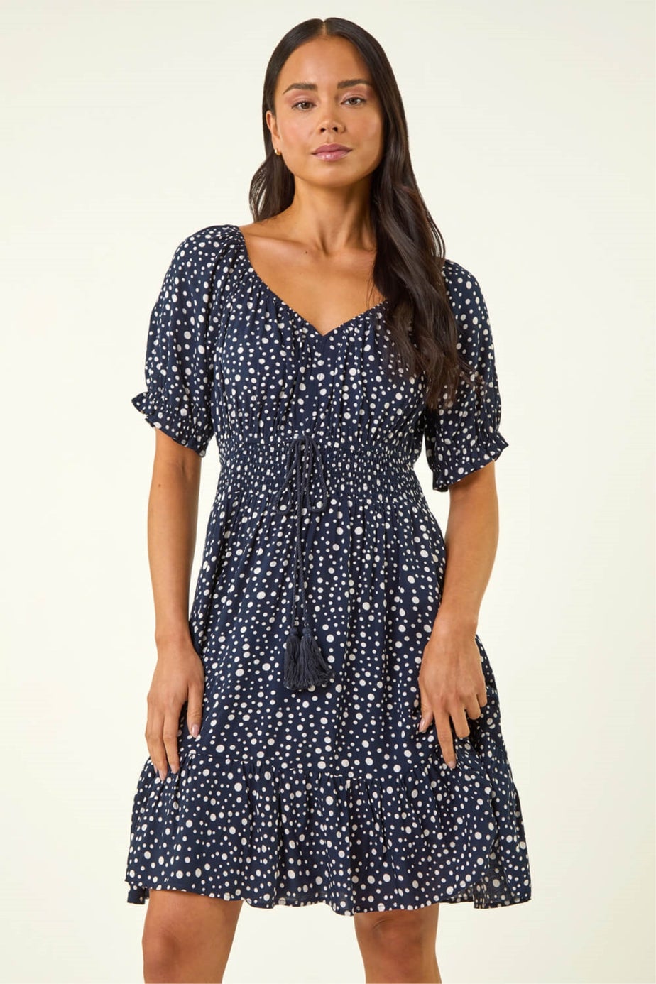Roman Navy Petite Ditsy Spot Frill Dress