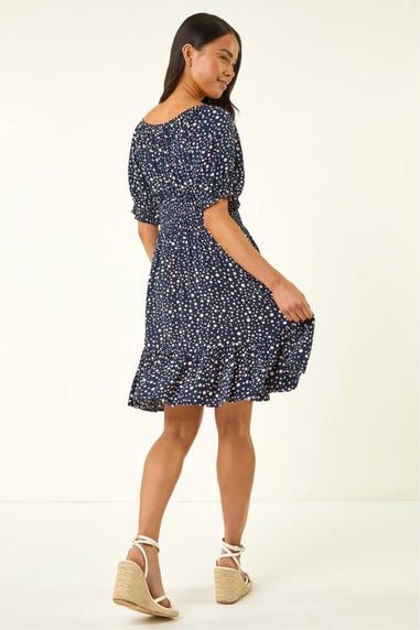 Roman Navy Petite Ditsy Spot Frill Dress