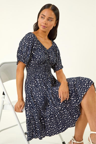 Roman Navy Petite Ditsy Spot Frill Dress