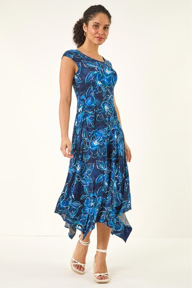 Roman Navy Floral Print Stretch Maxi Dress