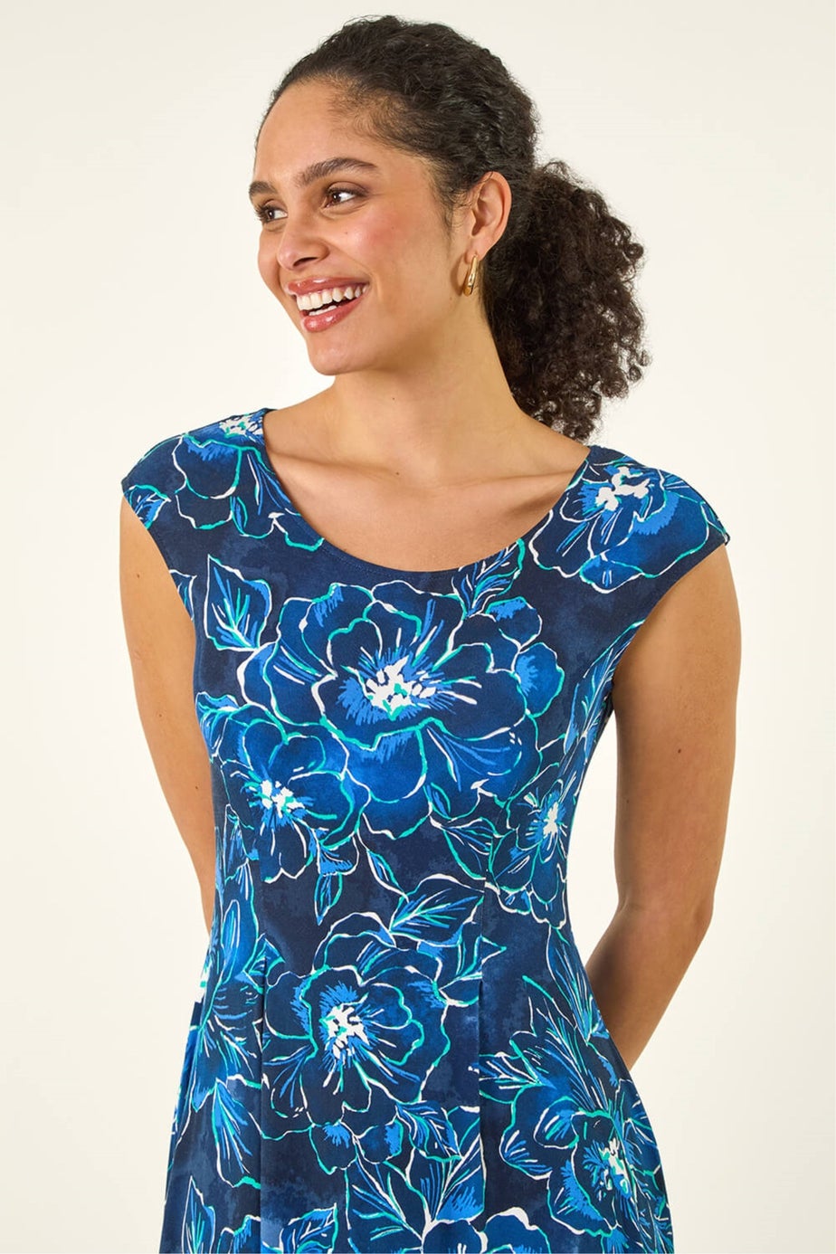 Roman Navy Floral Print Stretch Maxi Dress