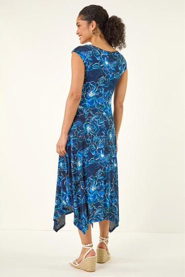 Roman Navy Floral Print Stretch Maxi Dress