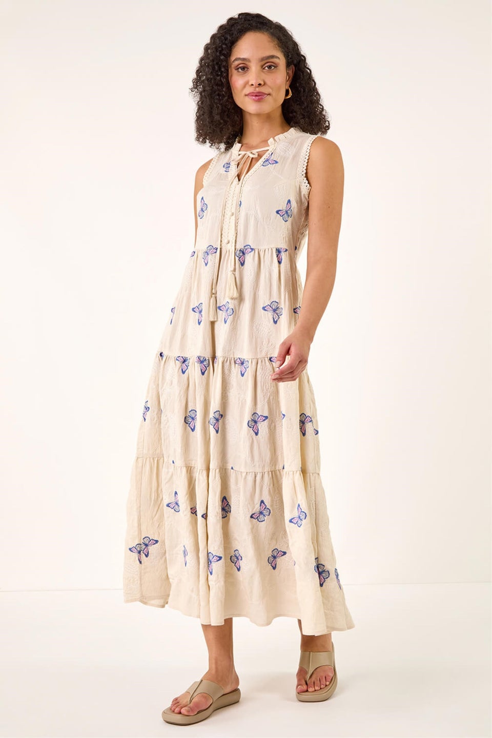 Roman Ivory Butterfly Print Tiered Midi Dress
