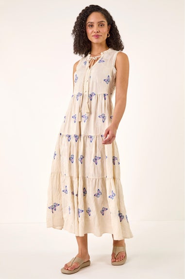 Roman Ivory Butterfly Print Tiered Midi Dress