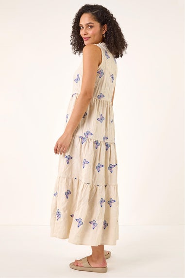Roman Ivory Butterfly Print Tiered Midi Dress