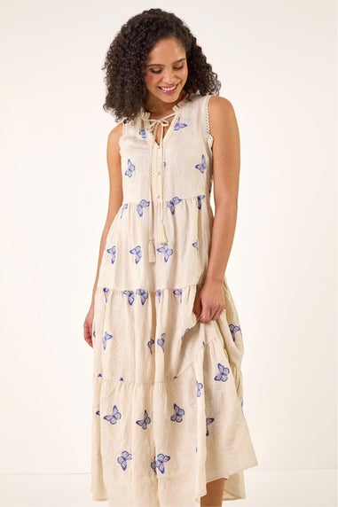 Roman Ivory Butterfly Print Tiered Midi Dress
