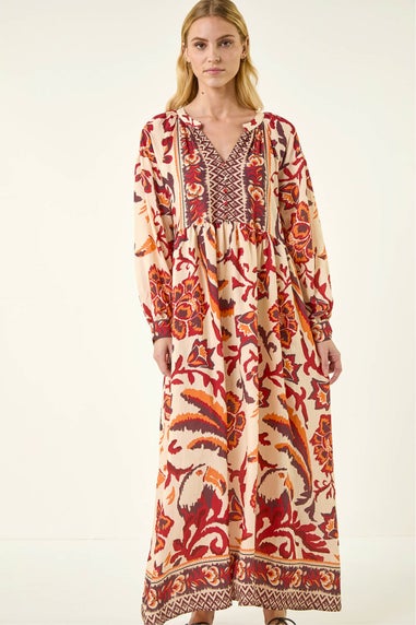 Roman Stone Floral Border Print Maxi Dress