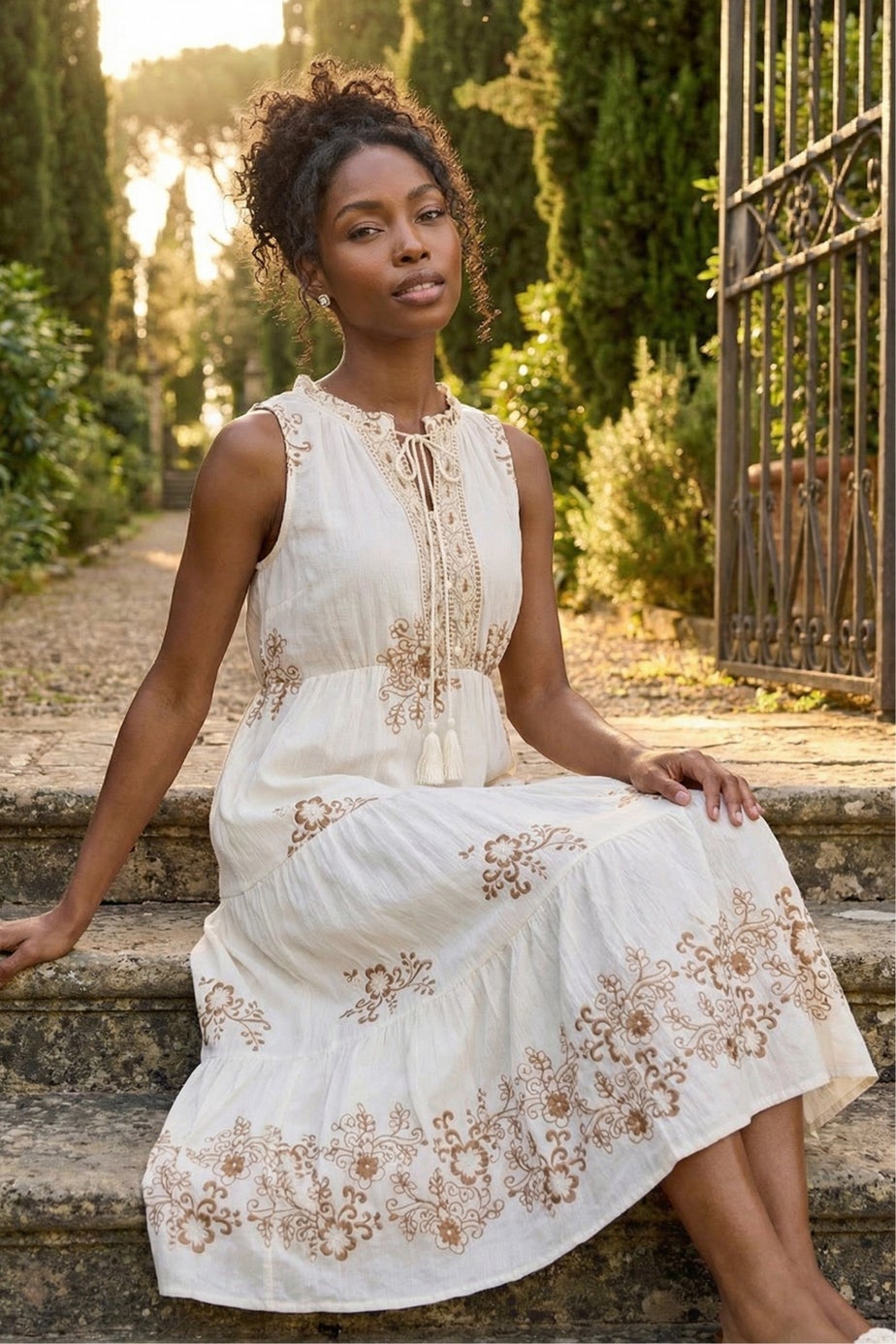 Roman Ivory Floral Print Tiered Maxi Dress