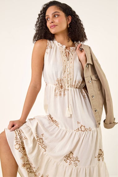 Roman Ivory Floral Print Tiered Maxi Dress