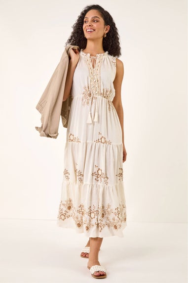 Roman Ivory Floral Print Tiered Maxi Dress
