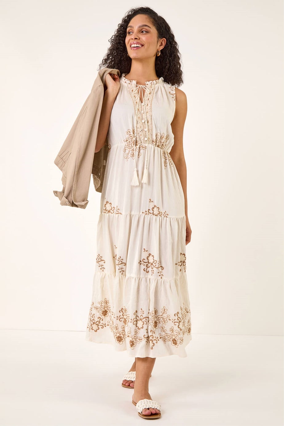Roman Ivory Floral Print Tiered Maxi Dress
