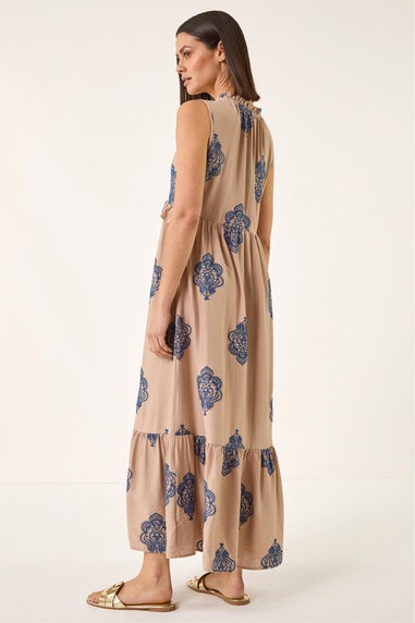 Roman Mocha Embroidered Tie Front Maxi Dress