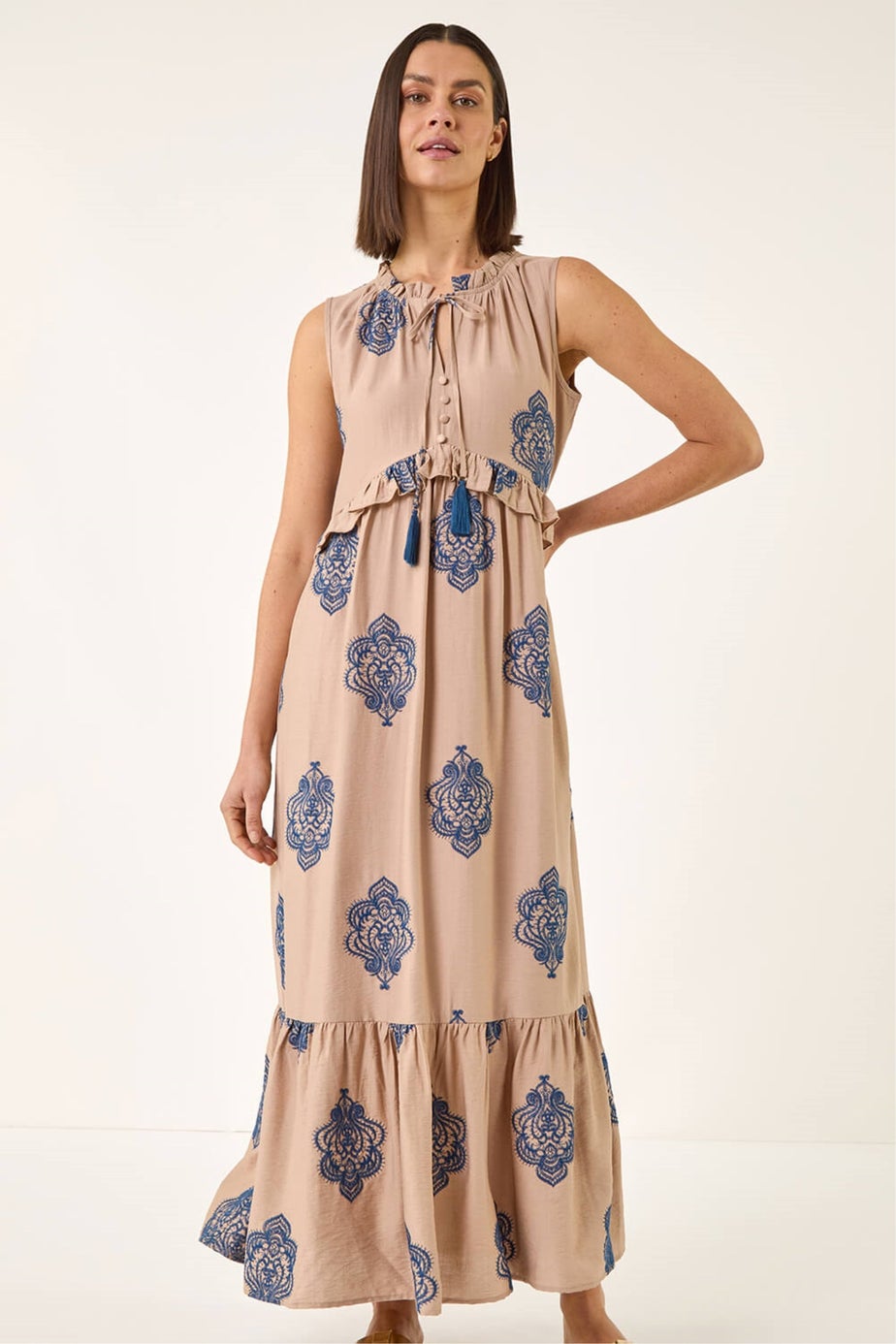 Roman Mocha Embroidered Tie Front Maxi Dress