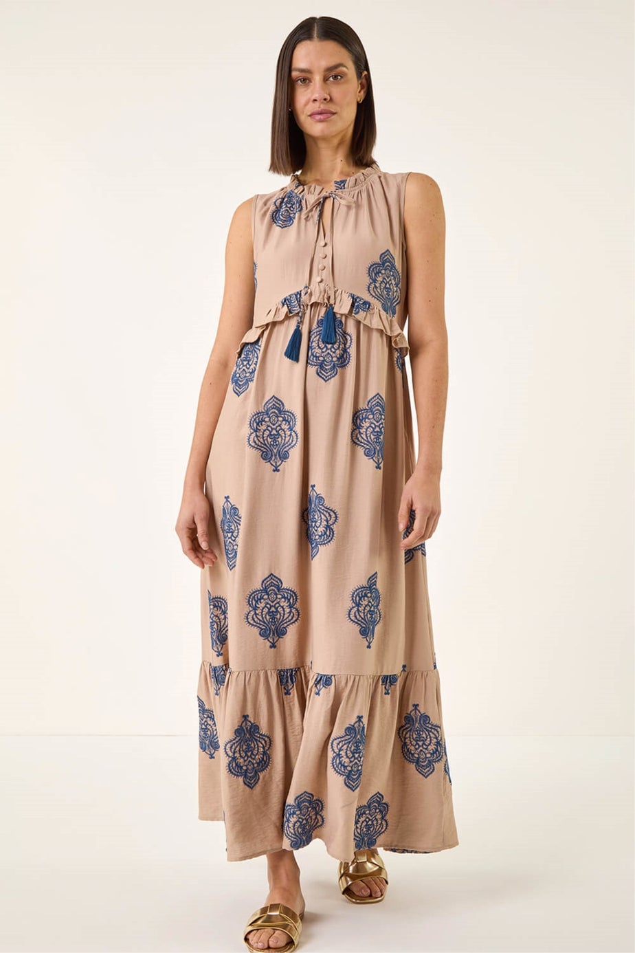 Roman Mocha Embroidered Tie Front Maxi Dress