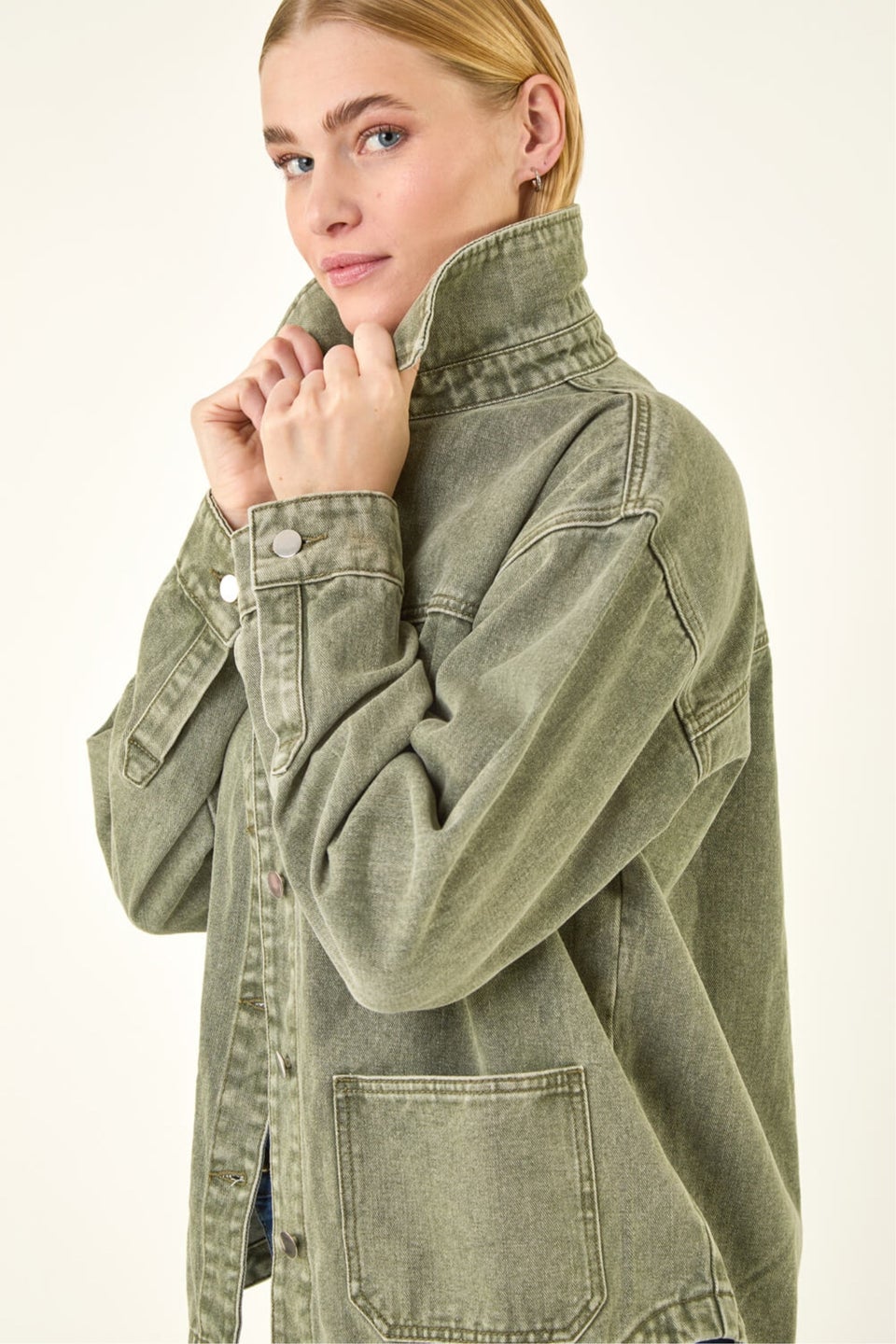 Roman Khaki Denim Button Front Pocket Jacket