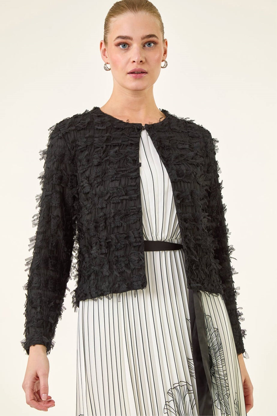 Roman Black Textured Edge To Edge Jacket