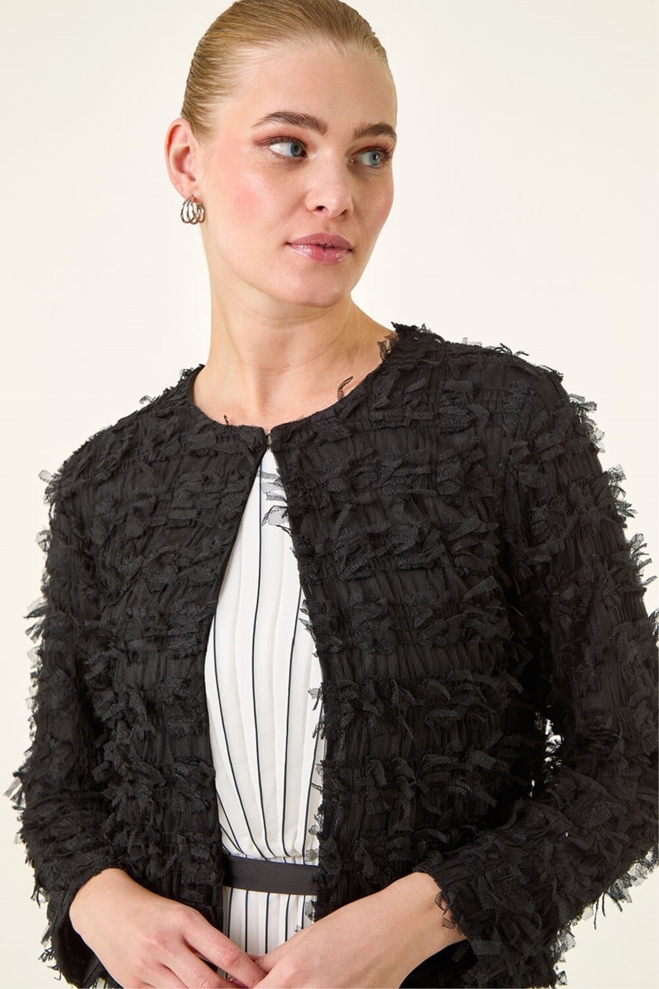 Roman Black Textured Edge To Edge Jacket