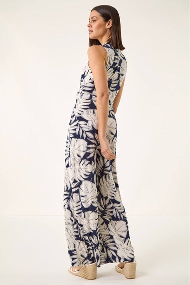 Roman Ivory Palm Leaf Print Stretch Jumpsuit