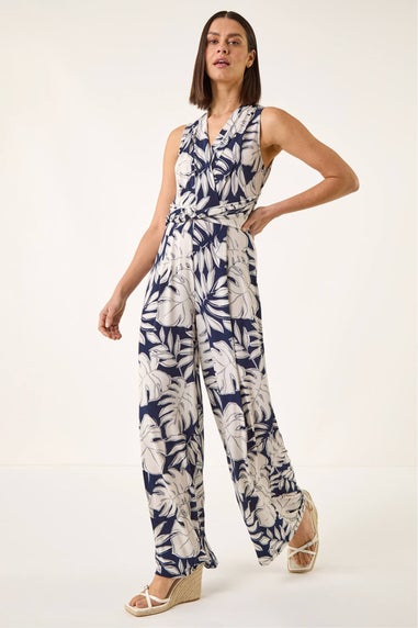 Roman Ivory Palm Leaf Print Stretch Jumpsuit