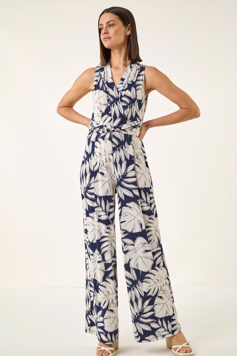 Roman Ivory Palm Leaf Print Stretch Jumpsuit