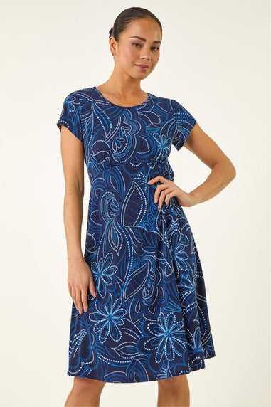 Roman Royal Blue Petite Leaf Print Stretch Dress
