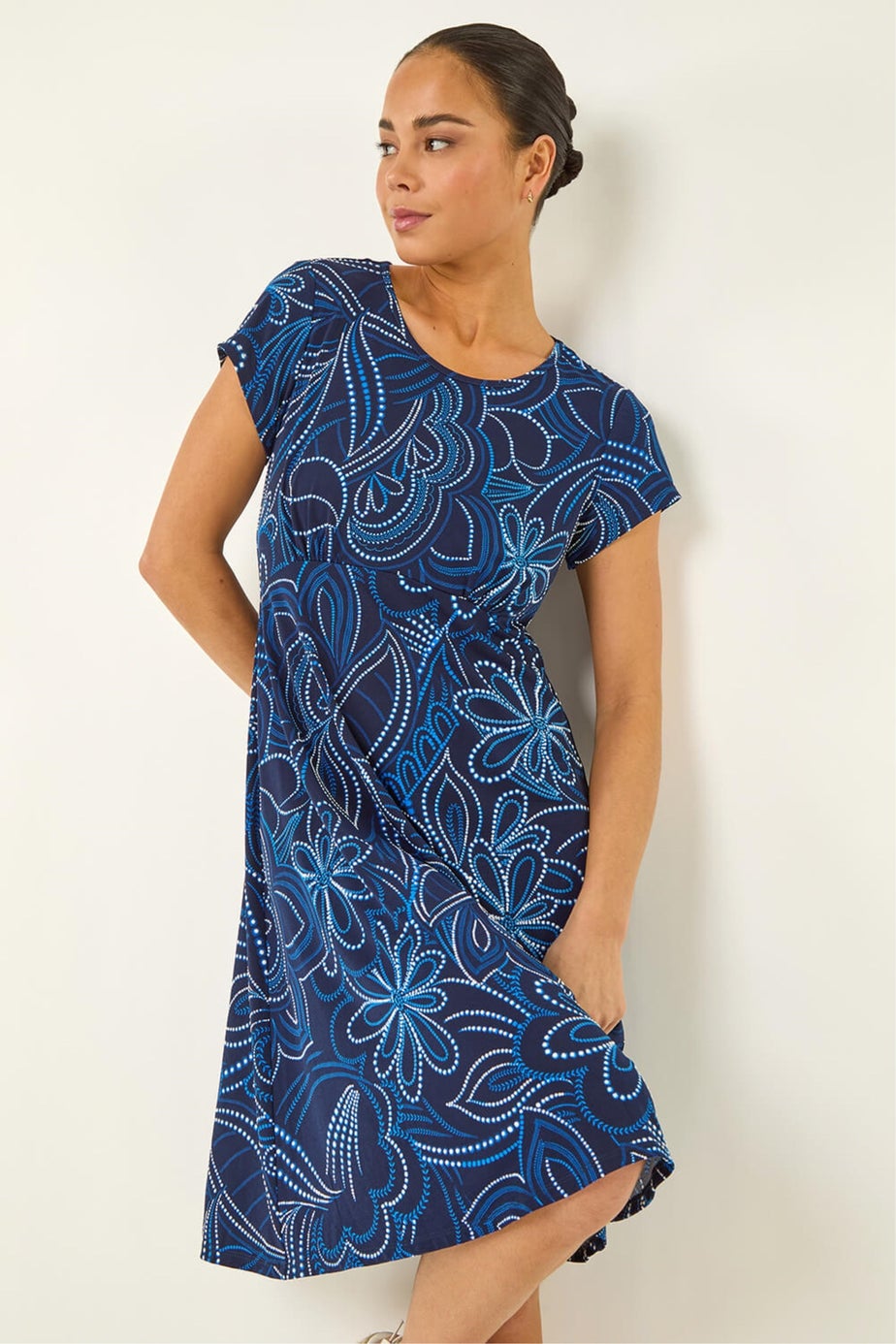 Roman Royal Blue Petite Leaf Print Stretch Dress