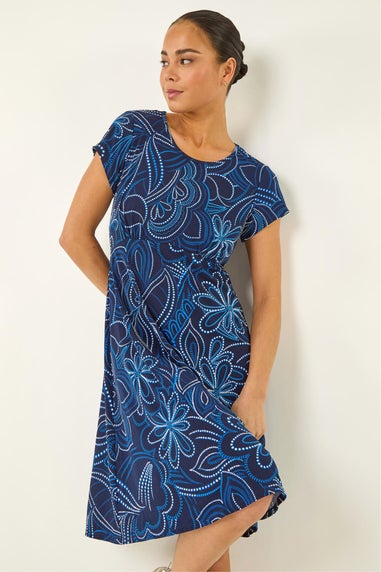 Roman Royal Blue Petite Leaf Print Stretch Dress