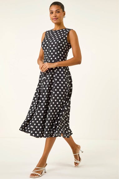 Roman Black Spot Print Panel Midi Dress