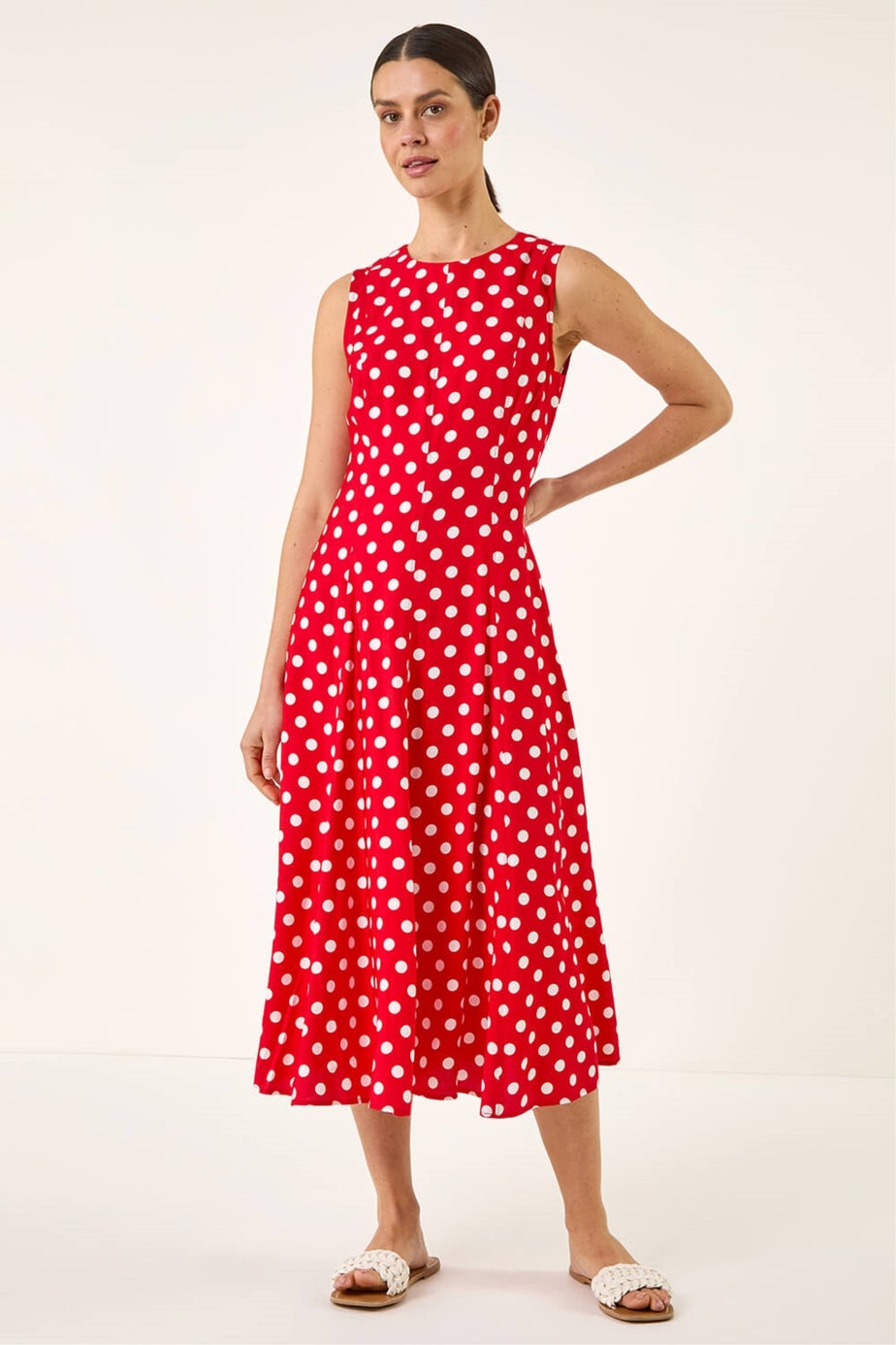 Roman Red Spot Print Panel Midi Dress