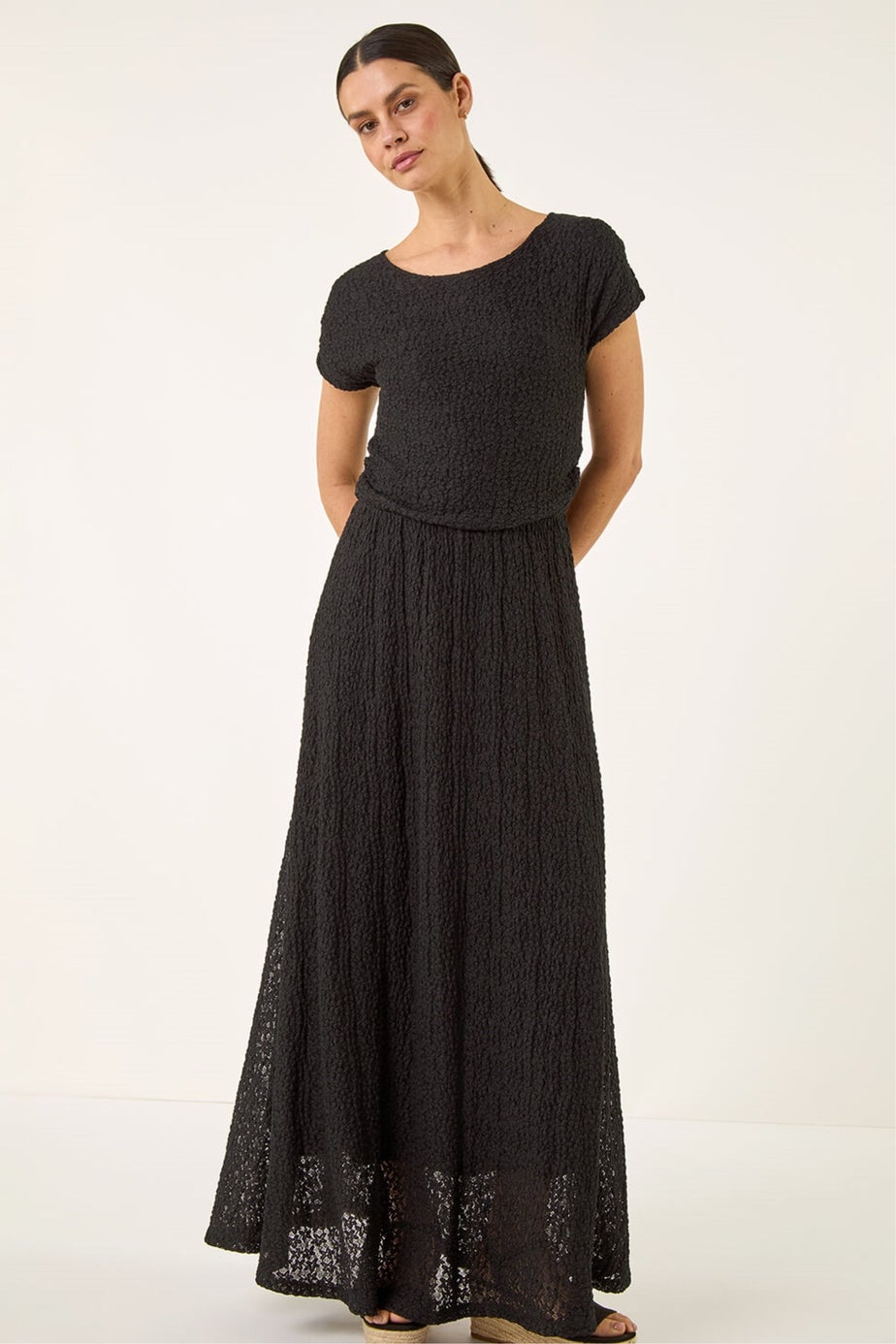 Roman Black Textured Floral Lace Maxi Dress