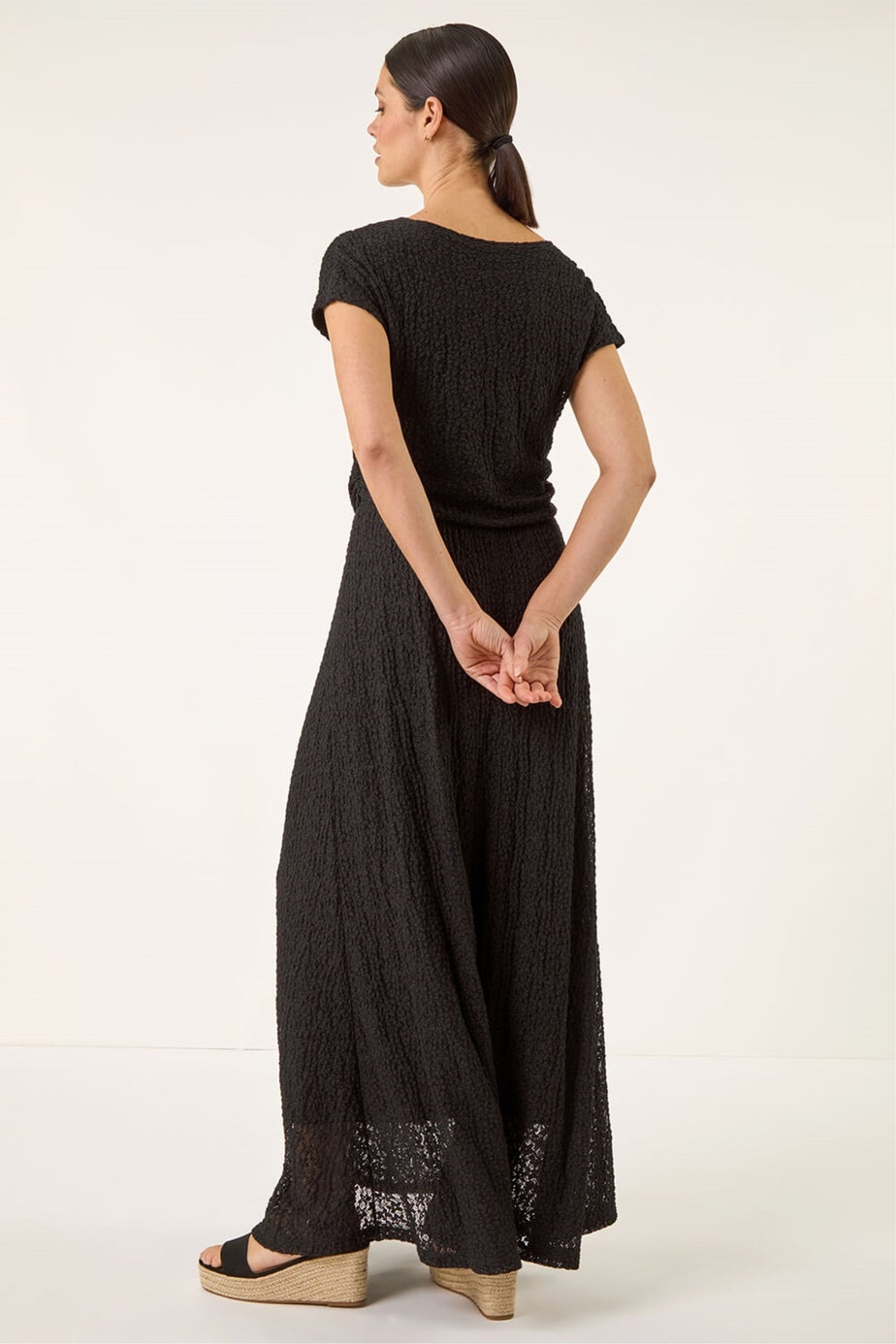Roman Black Textured Floral Lace Maxi Dress