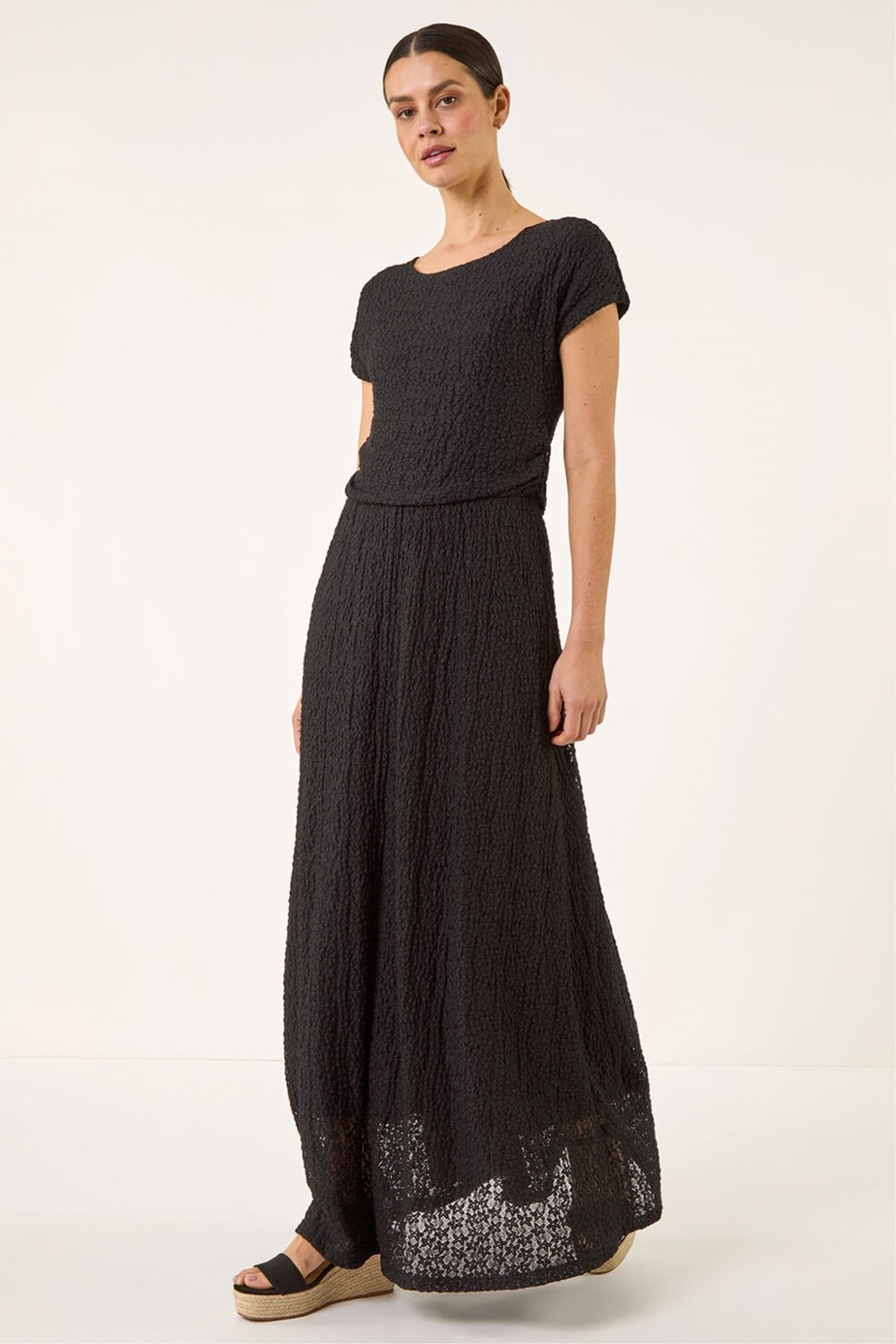 Roman Black Textured Floral Lace Maxi Dress