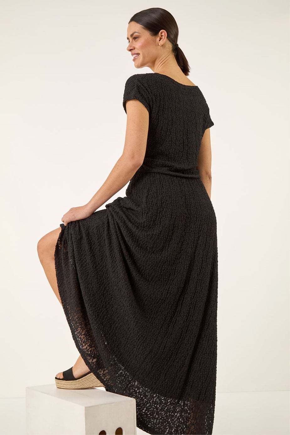 Roman Black Textured Floral Lace Maxi Dress