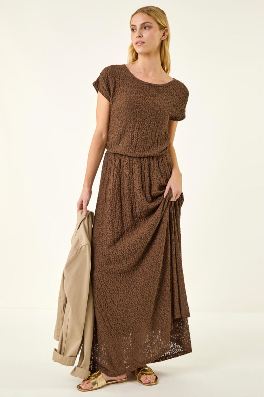 Roman Chocolate Textured Floral Lace Maxi Dress