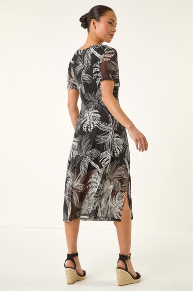 Roman Black Petite Abstract Mesh Puff Stretch Dress