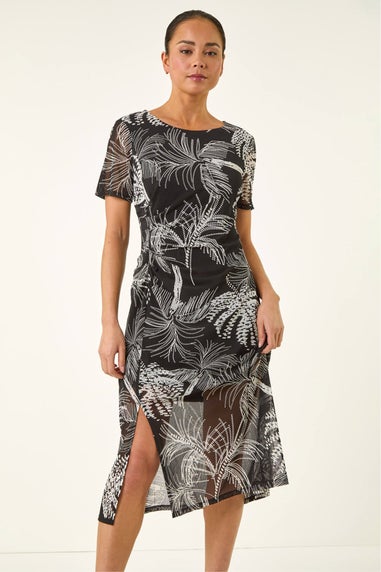 Roman Black Petite Abstract Mesh Puff Stretch Dress