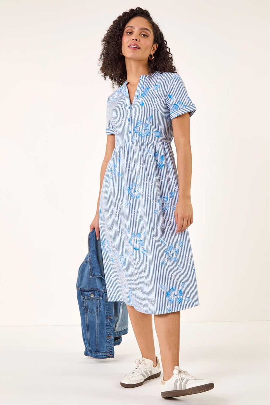 Roman Blue Stripe Print Midi Shirt Dress