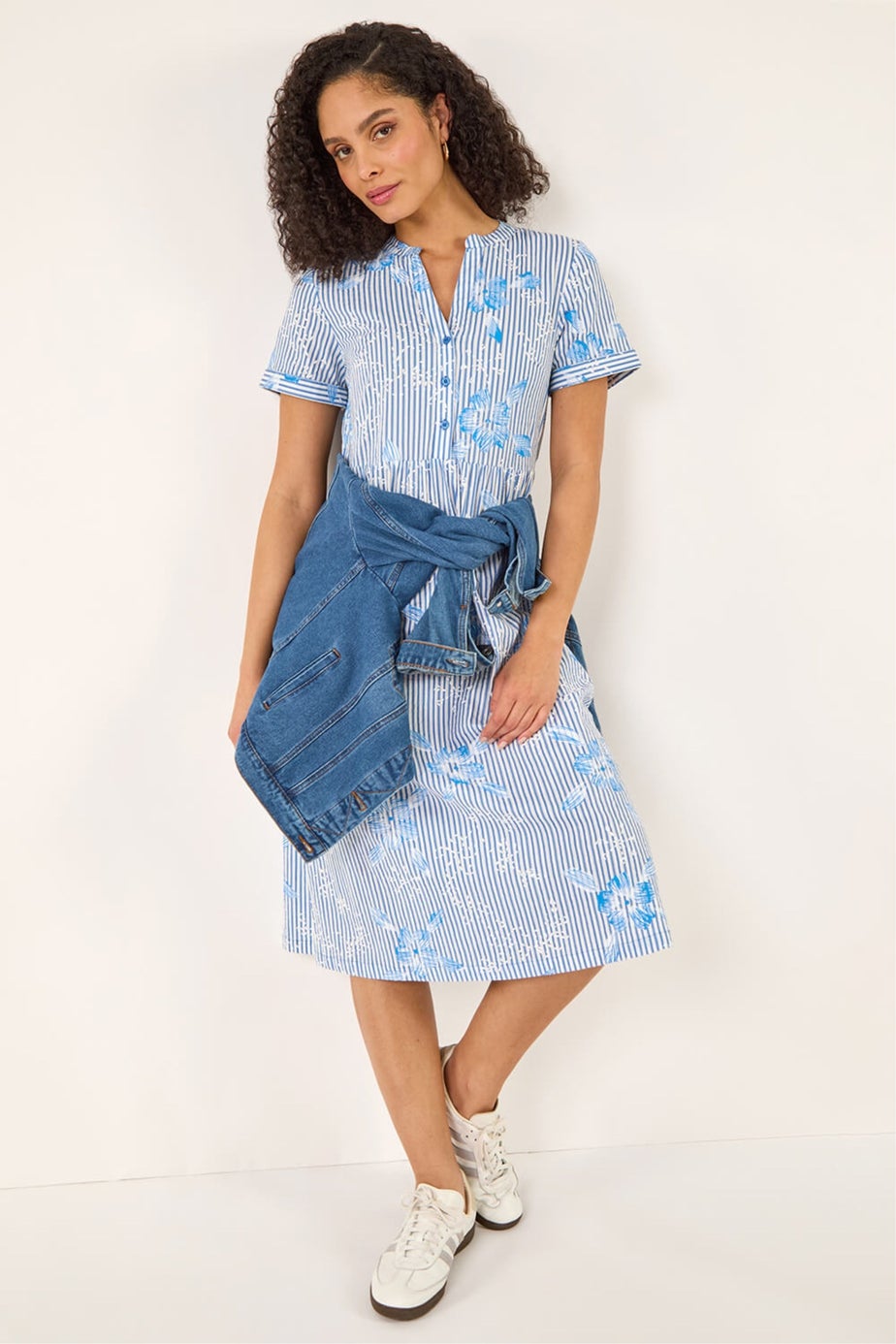 Roman Blue Stripe Print Midi Shirt Dress