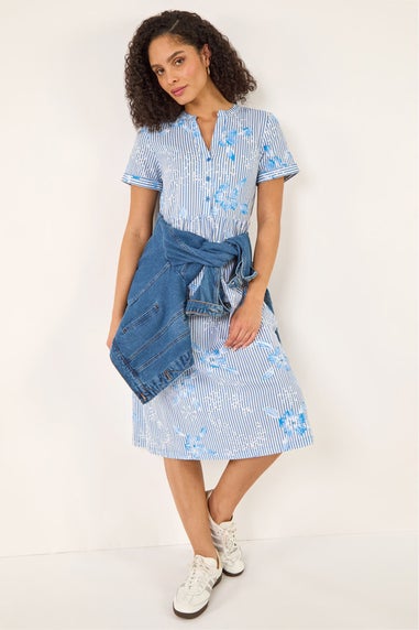 Roman Blue Stripe Print Midi Shirt Dress