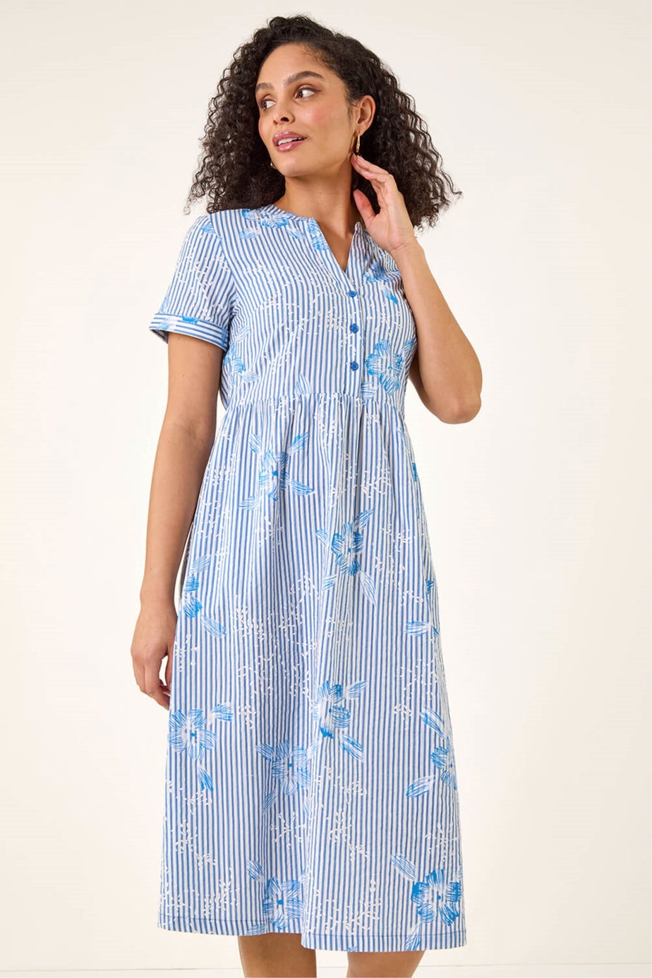 Roman Blue Stripe Print Midi Shirt Dress