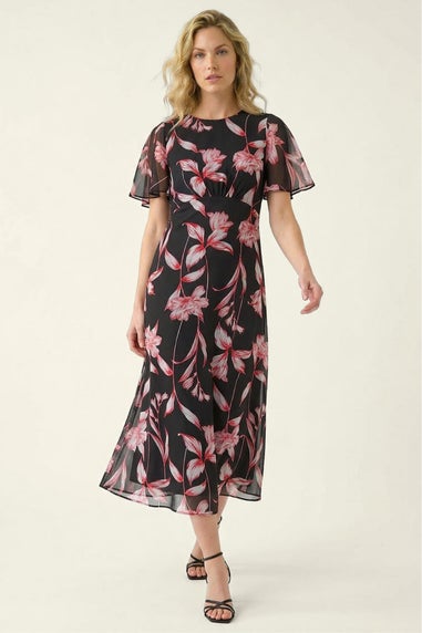 Roman Red Leaf Print Back Tie Midi Dress