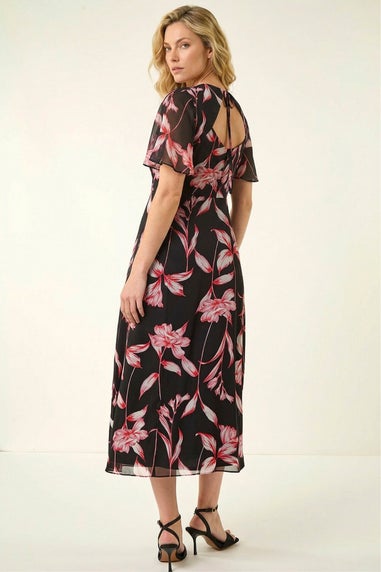 Roman Red Leaf Print Back Tie Midi Dress