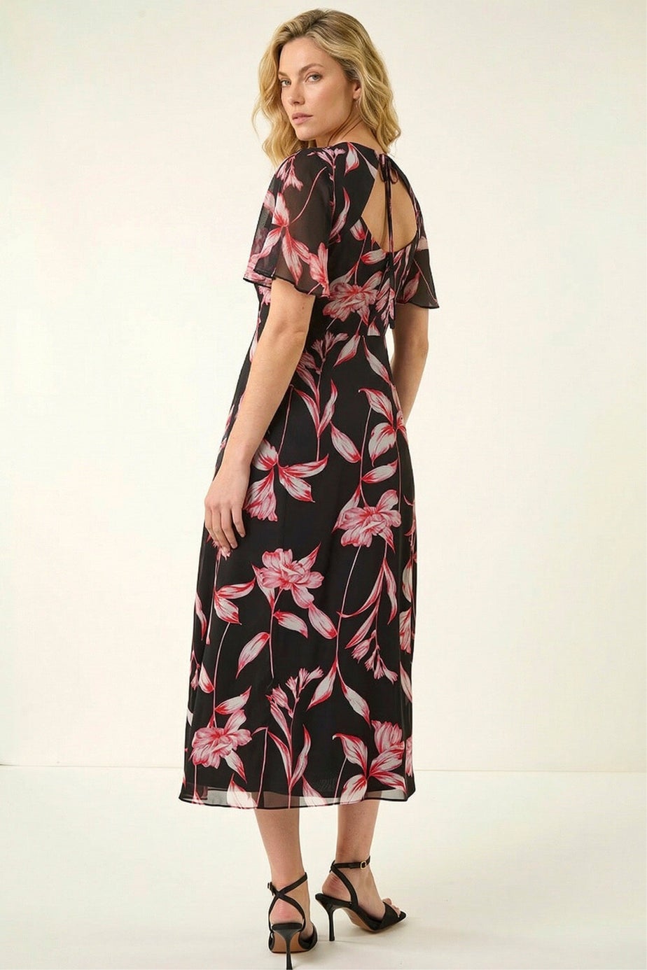 Roman Red Leaf Print Back Tie Midi Dress