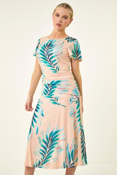 Roman Ivory Petite Floral Side Ruched Midi Dress