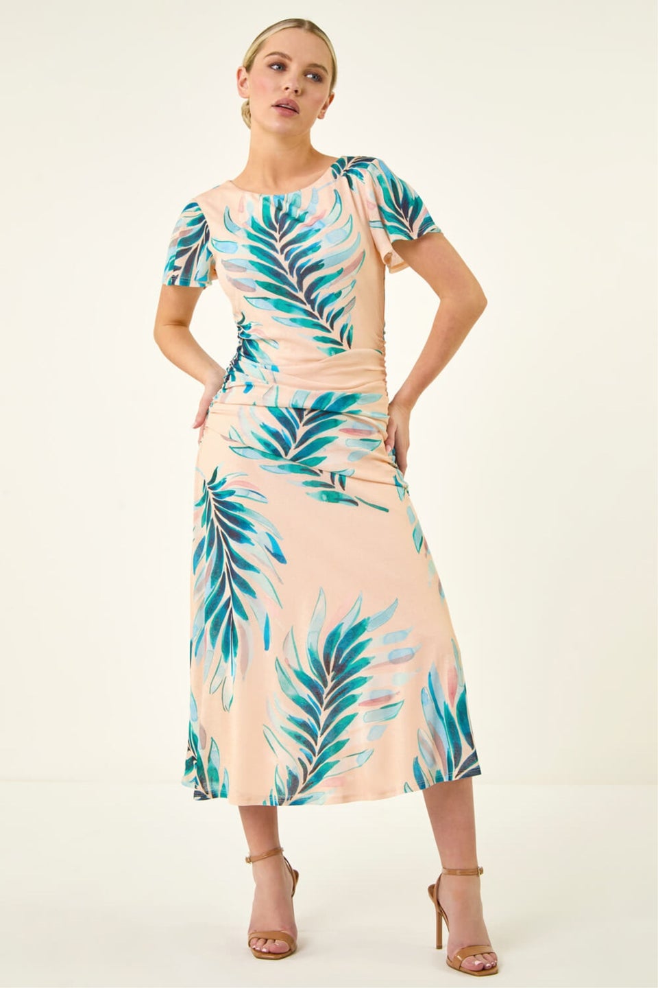 Roman Ivory Petite Floral Side Ruched Midi Dress